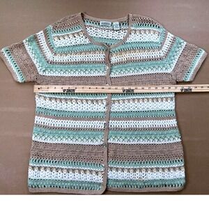 Classic Elements Crochet Cardigan Womens L Green Tan Striped Short Sleeve Good